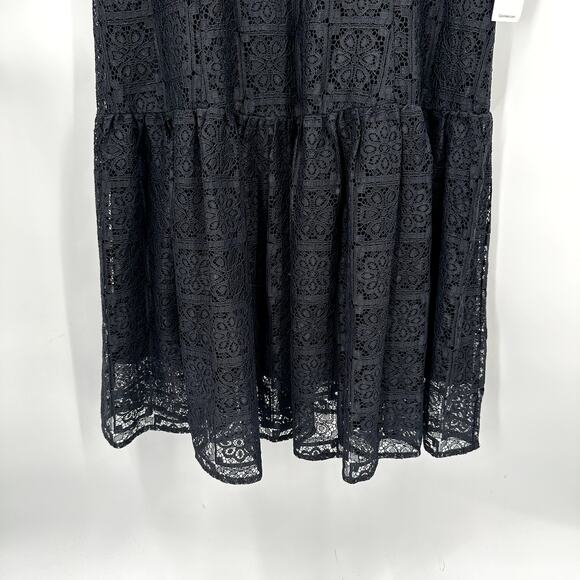 CALVIN KLEIN NWT Black Puff Sleeve Tiered Hem Lace  Dress // 8 - Picture 7 of 14